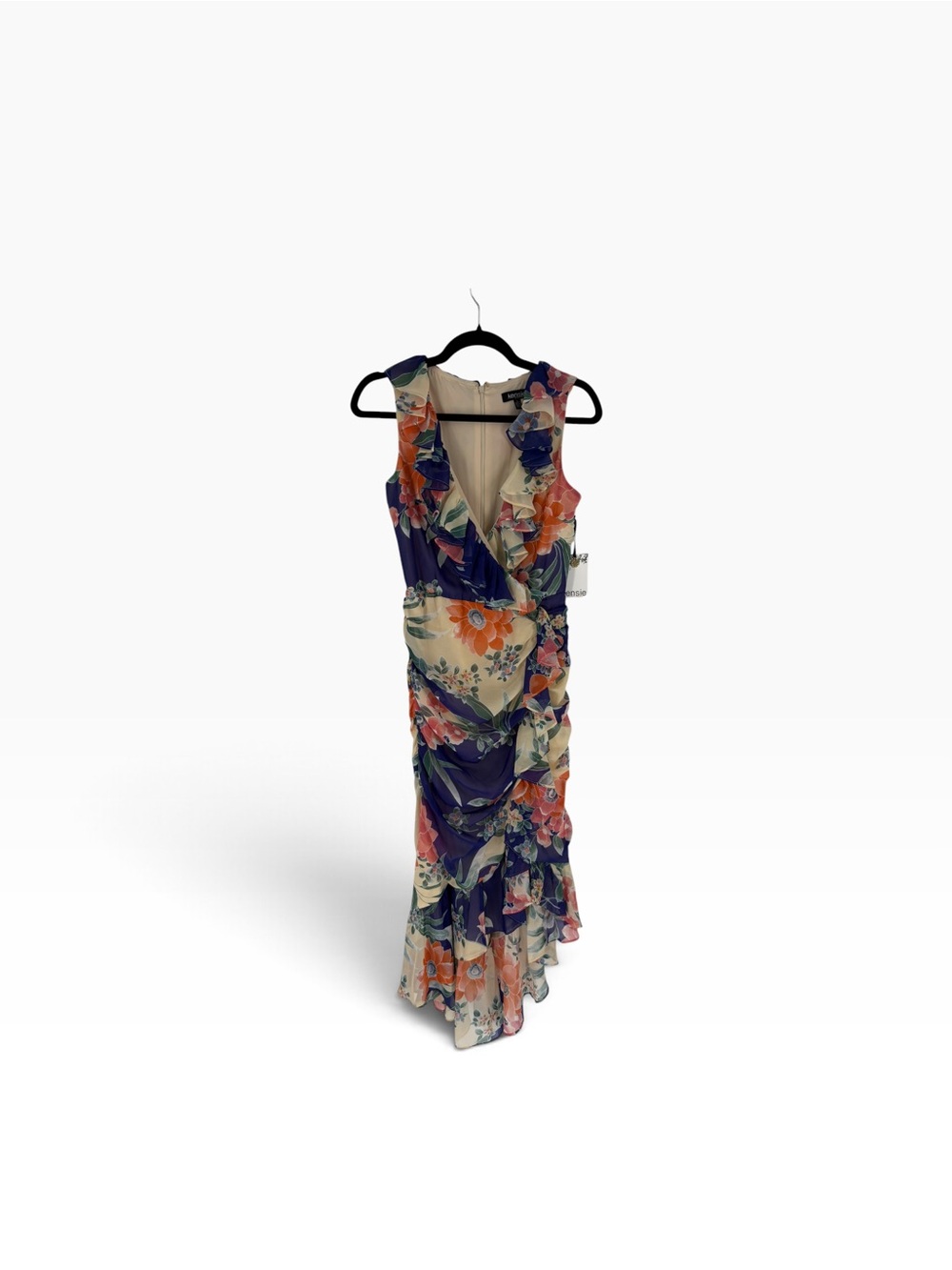 New Kensie Navy Floral Ruffle Wrap Midi Dress with Orange & Cream size 2 - Picture 2 of 5